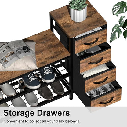 EXOTICA 3-Tier Shoe Storage Bench Industrial Entryway Shoe Rack with 4 Drawers and Seating Shoe Shelf Storage Cabinet for Hallway Front Door Doorway Living Room Mudroom Steel Frame
