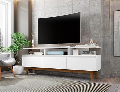 Manhattan Comfort Yonkers 71 Inch Mid Century Modern TV Stand with Storage, 3 Flip Down Door, Hole for Wire Management, Fits Up to 60" Television, Durable & Versatile Console Table, White