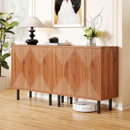 LITTLE TREE 59 Inches Long Sideboard Buffet Cabinet, Vintage Storage Cabinet with 4 Doors, Large Coffee Bar Cabinets for Kitchen, Cupboard Console Cabinets, Old Rose Color