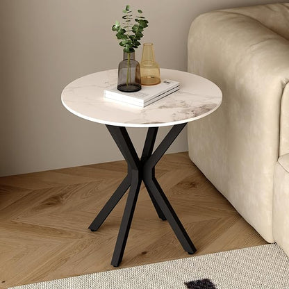 Round Side Table Set of 1, Modern Stylish End Table with Faux Marble Top and Black Metal Legs,Durable Sofa Side Table for Living Room Bedroom