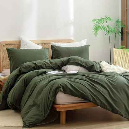 BESTOUCH Duvet Cover Set 100% Washed Cotton Linen Feel Super Soft Comfortable Chic Lightweight 3 PCs Home Bedding Set Solid Olive Green Oversized King