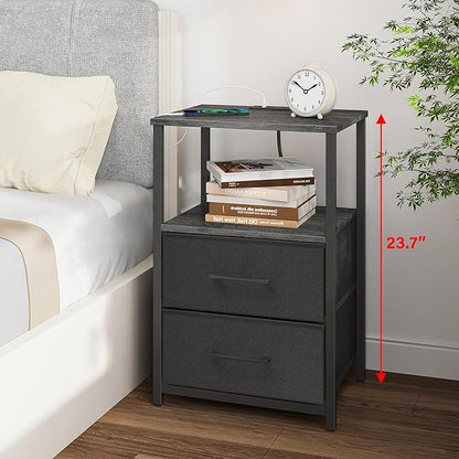 TUTOTAK End Table with Charging Station, Night Stand, Side Table with 2 USB Ports and Outlets, Nightstand with Cloth Drawer, Bedside Table for Livingroom, Bedroom Charcoal Grey TB01BY088