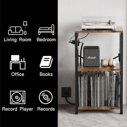 End Table with LED Light,Record Player Stand with Charging Station,Vinyl Records Storage,Turntable Stand Albums Storage for Music Room Studio-Modern Brown