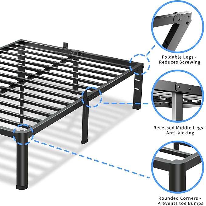 16 Inch Full Size Bed Frame, 3500Lbs Heavy Duty Metal Platform with Round Corner Legs Mattress Slide Stopper, Steel Slat Support No Box Spring Needed, Noise Free, Non-Slip, Easy Assembly