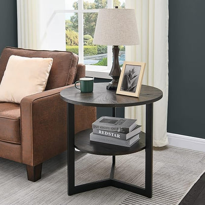 LEEMTORIG Round Side Table, Large 2-Tier End Table Nightstand with Metal Legs, Modern Bedside Couch Table for Living Room, Bedroom, Office, Rustic Black/Black, 25.2 x 25.2 x 24 inches CJZ-1338-BK