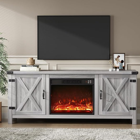 YESHOMY Fireplace TV Stand with Two Barn Doors and Storage Cabinets for Televisions up to 65+ Inch, Entertainment Center Console Table, Media Furniture for Living Room, 58 Inch, Gray Wash
