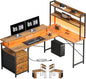 L Shaped Desk with Shelves,Reversible Computer Desk with LED Lights and Charging Station,Home Office Corner Desk with Monitor Stand,Brown2