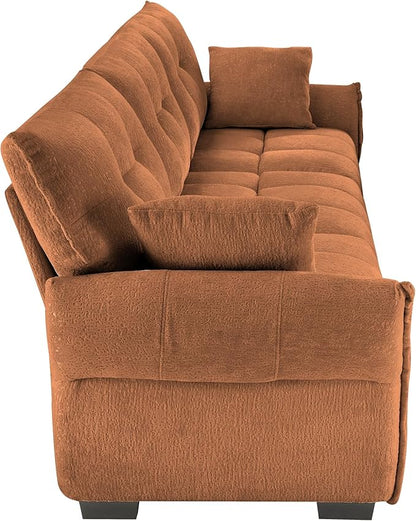 Modern Chenille Fabric 3-Seat Sofa w/ 2 Pillows, Premium Upholstery Living Room Couch with Tufted Backrest & Comfortable Armrests and High-Resilience Memory Foam Cushions,Orange