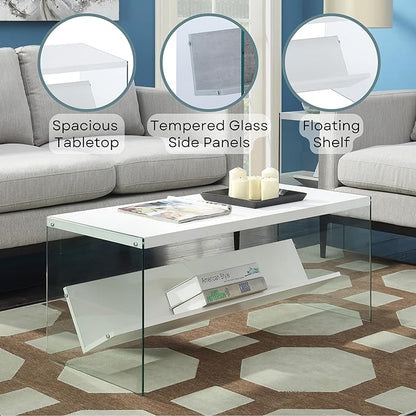 Convenience Concepts SoHo Glass Modern Living Storage Shelf, Contemporary Coffee Table for Family Room, 40", White