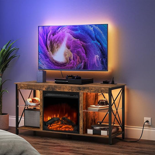HOOBRO Fireplace TV Stand with Charging Station and LED Lights, TV Stand with Fireplace for TVs up to 55", Entertainment Center with Fireplace, Glass Shelves, Rustic Brown and Black BF120UDDS01