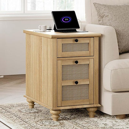 WAMPAT Farmhouse End Table with Charging Station, Rattan Side Table with Drawer & Storage Cabinet, Wooden Oak Nightstand with Power Outlets & USB Ports for Living Room, Bedroom, Burlywood
