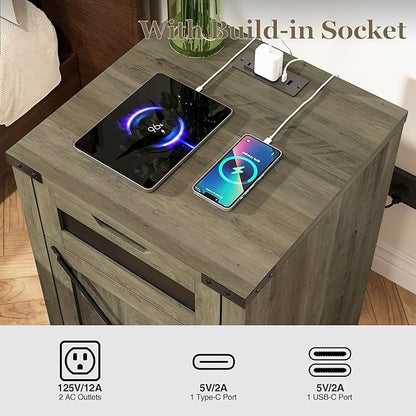 Farmhouse End Table with Charging Station, 26.4" Tall Rustic Nightstand with Drawer and X Barn Door, Country Bedside Sofa Side Table for Living Room, Grey