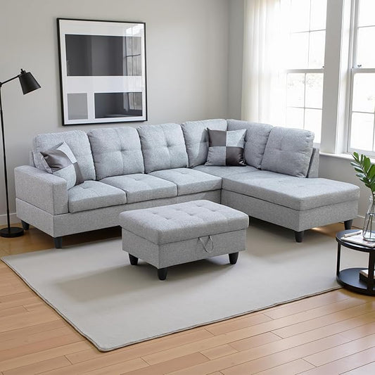 Couches for Living Room Modern L Shaped Couch Comfy Linen Fabric 3 Pieces Sectional Sofa with Chaise, Ottoman with Storage for Office and Small Apartment, Grey