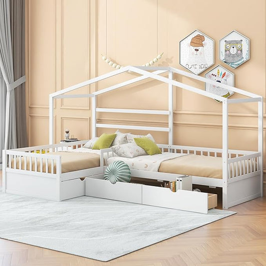 Twin Size House Platform Bed with Three Storage Drawers,Double Shared-Bed,2 in 1 Bed,L-Shaped Platform Bed for Boys Girls Shared Beds,Perfect complement to Any Small Space,White