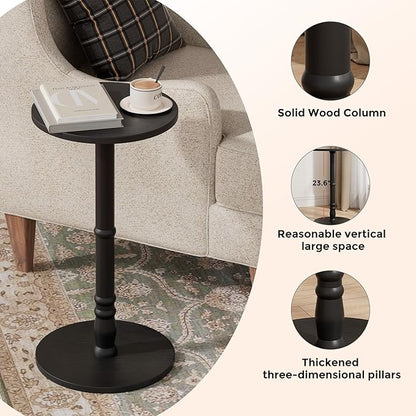 Round Side Table, Solid Wood Pillar with Wood Top & Base, Small Drink Accent Table for Living Room, Bedroom, Sofa & Office, Easy Assembly, Black