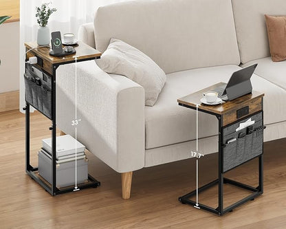 Vagusicc C Shaped End Table with Charging Station, 33" Tall Side Table for Couch, Sofa Table Adjustable Height Small Couch Side C Table, Slide Under Sofa Tray Arm Table for Living Room, Bedroom, Brown