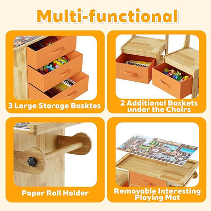 Pine Wood Kids Table and Chair Set 3 in 1 Wooden Toddler Table with Storage, Children's Drawing Reading Desk, with Drawers & Storage Baskets, Natural