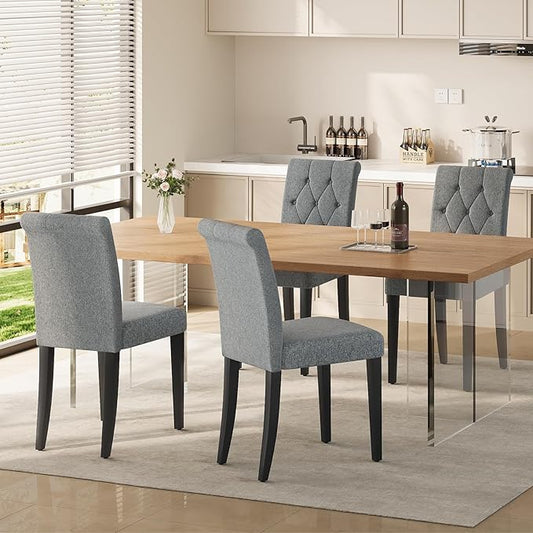 Upholstered Dining Chairs Set of 4, Button Tufted Parsons Dining Chair with Solid Wood Legs, Modern Fabric Side Chair for Dining Room/Kitchen/Restaurant/Hotel- Grey