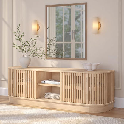 Plank+Beam Contour Wood TV Stand, Solid Wood Entertainment Console with Storage, 59" L x 16" W x 19" H, Blonde