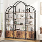 Triple Wide 5 Tier Tall Arched Bookshelf and Bookcase with 3 Cabinets, Industrial Metal Etagere Open Bookshelf, Rustic Wood Standing Book Shelf with Black Metal Frame for Bedroom Living Room