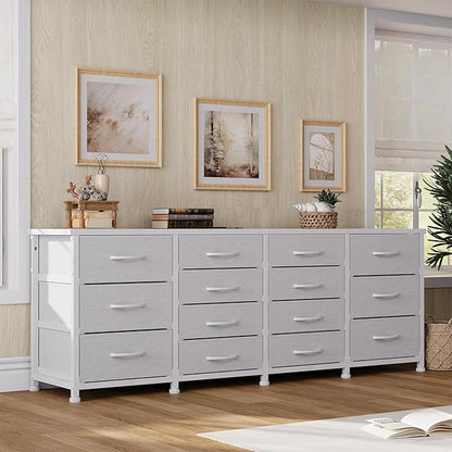 63 Inch TV Stand Dresser for Bedroom, Long White Dresser with 14 Fabric Drawers for 65 70 75 Inch TV, Entertainment Center with Storage Media TV Console Table