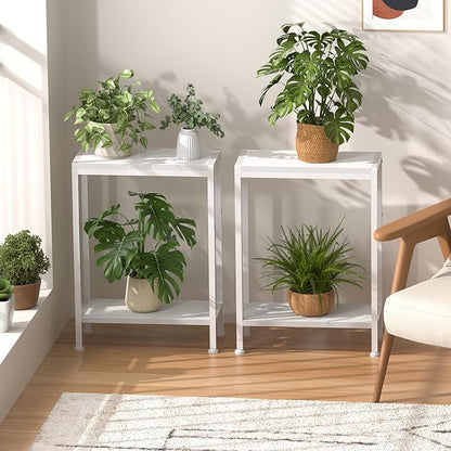 Narrow Side Table for Small Space Set of 2, 2-Tier Small End Table with Shelf Holder, Slim Nightstand, Skinny Snack Couch Table in Living Room, Bedroom, Study, Kitchen and Balcony（White