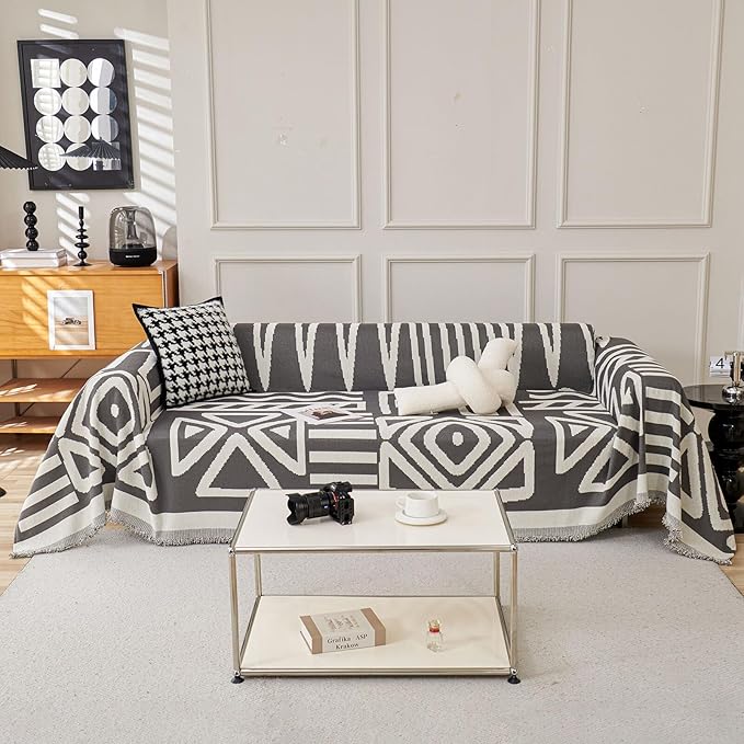 HANDONTIME Reversible Sofa Cover Boho Geometric Couch Cover for Dogs Dark Grey Couches Covers Washable Chenille Couch Covers for 3 Cushion Couch Pet Friendly Furniture Protector for Pets, 91" X150"