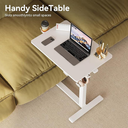 Gas Spring Adjustable Height Rolling Portable Laptop Desk, Mobile Standing Desk on Wheels, Small Sit Stand Desk with Laptop Stand/Cup Holder/Hook (White, 26"x19")