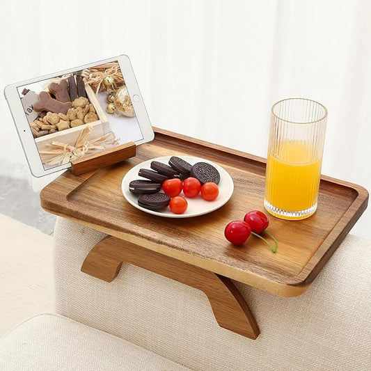 SINWANT Couch Arm Table, Acacia Wood Sofa Arm Rest Tables Couch Armrest Table with 360° Phone Holder,Portable Sofa Armrest Tray for Drink Snacks