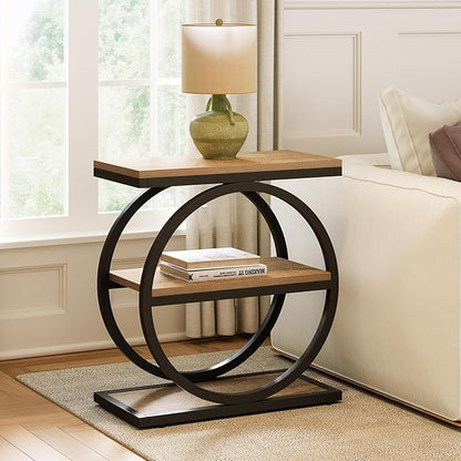 LITTLE TREE 3-Tier End Table, Side Table with Storage Shelves, Small Sofa Side Table for Living Room, Wooden Side End Table with Double Round Metal Legs, Slim Nightstand and Bedside Table, Oak