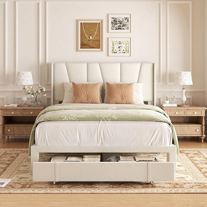 Full Bed Frame with Storage Drawers, Upholstered Platform Bed with Headboard and Wingboard, No Box Spring Needed, Noise Free, Easy Assembly, Wooden Support Slats, Beige