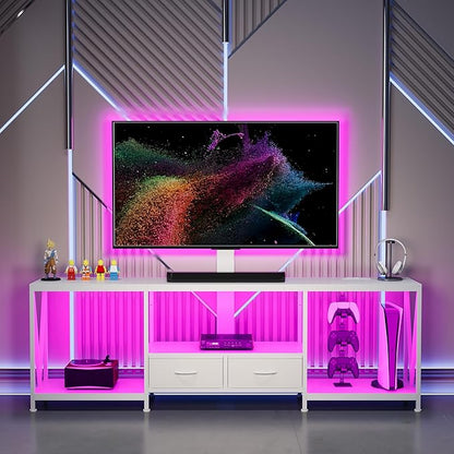63" W TV Stand with Mount for 55,65,75" TV,Entertainment Center with Power Outlet and Led Lights,Height Adjustable TV Console Table with Open Storage Shelves and Fabric Drawers (White, 63" W)