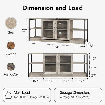 GarveeHome Farmhouse TV Stand for 65/75 Inch TVs, Entertainment Center with Storage Cabinet, 63'' Rustic TV Media Console Table, Furniture for Living Room, Grey