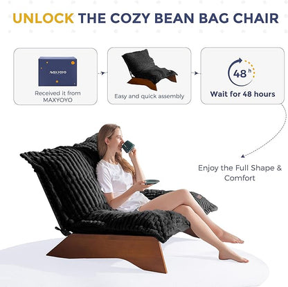 MAXYOYO Adjustable Living Room Chair, 3-Position Bean Bag Chair with Removable Cover, Upholstered Accent Chair with Frame, Soft Reclining Lounge for Bedroom, Apartment, Office, Black