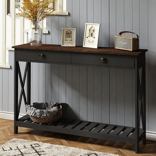 ChooChoo 47" Farmhouse Console Table with Drawer for Entryway, Narrow Long Entry Table with Shelf for Living Room, Rustic Vintage Hallway Sofa Table with Stable X Supports, Black