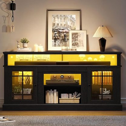 YITAHOME Black TV Stand for 75 Inch TV, LED Modern Entertainment Center with Adjustable Shelves and Glass Doors, 32'' Tall Television Stands TV Media Console Table for Living Room, Black