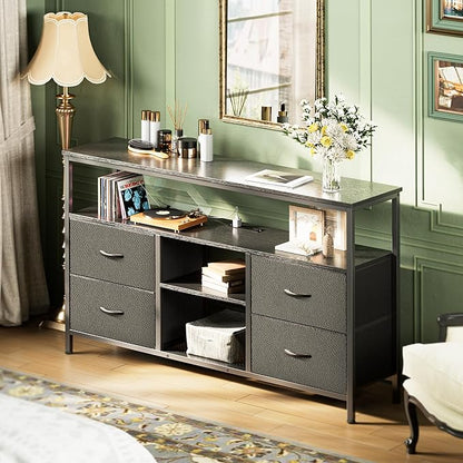 Huuger 47 Inch TV Stand Dresser with Power Outlets and LED Lights, 4 Drawers Entertainment Center with Open Shelf, Media Console for 55 50 Inch TV, Dresser with PU Finish, Grey and Black