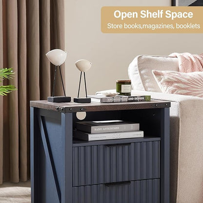 Navy Blue Nightstand with Charging Station - 20 Inch Wide Farmhouse Fluted Bedside Table with 2 Drawers, Modern Wood End Side Table for Bedroom Study Storage Home