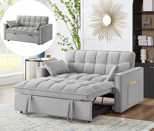 KEIKI Velvet Loveseat Convertible Sofa Bed Sleeper Chair with Adjustable Backrest, Pillows & Storage Pockets, 3 in 1 Pull-Out Couch Chaise Lounge Recliner for Living Room Balcony Bedroom, Grey