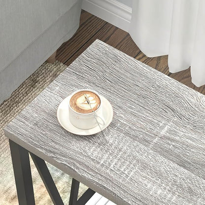 FOLUBAN End Table, Rustic Wood and Metal Side Table with Storage, Modern NightStand for Living Room Bedroom, Small Spaces, Light Grey