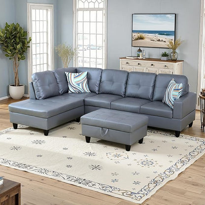 NicBex Sectional Couch 3 Pieces Sofa Set with Right Chaise Synthetic Leather L Shaped Cloud Couch for Living Room Furniture Sets with Storage Ottoman, Modular Sofa for Living Room & Apartment, Gray