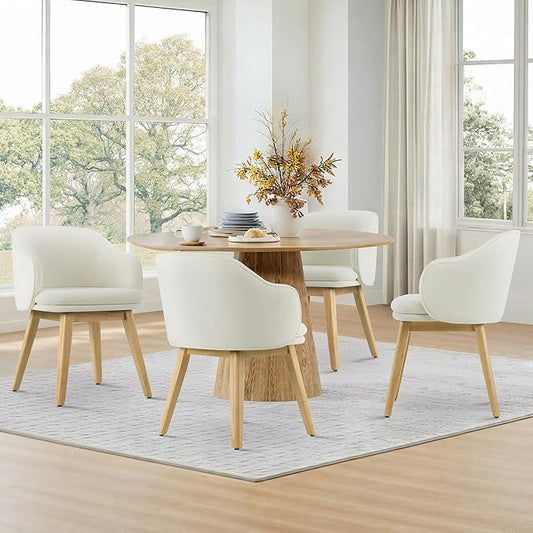 Wooden Dining Chairs Set of 4, Fabric Upholstered Modern Dining Room Chairs with Barrel Backrest & Double-Layer Thick Cushion for Living Room, Restaurant, Kitchen and Café, Beige, 2 Boxs