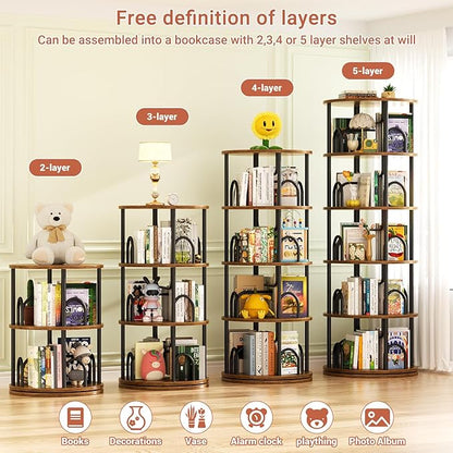Aheaplus 5 Tier Rotating Bookshelf Tower, 360 Display Spinning Bookcase, Revolving Round Book Shelf Narrow Swivel Bookshelf, Vertical Turning Corner Book Organizer for Small Space, Rustic Brown