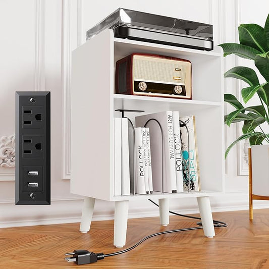 Record Player Stand, Turntable Stand with Record Storage and Charging Station & USB Ports, Record Player Table with Metal Divider, Record Stand Up to 160 Albums for Living Room, Bedroom, White