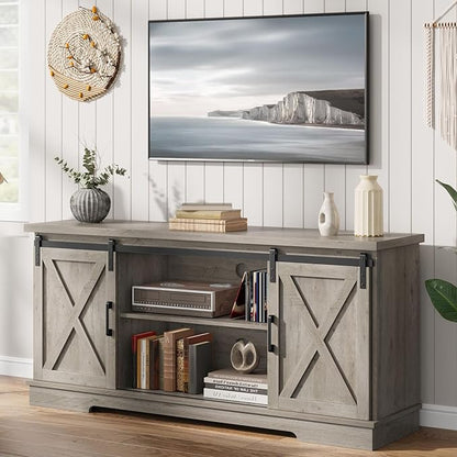 IDEALHOUSE Farmhouse Tv Stand for 65 Inches TVs, Entertainment Center with Storage and Sliding Barn Doors, Adjustable Shelf Modern Media TV Console TV Stand Table for Living Room, Bedroom, Grey