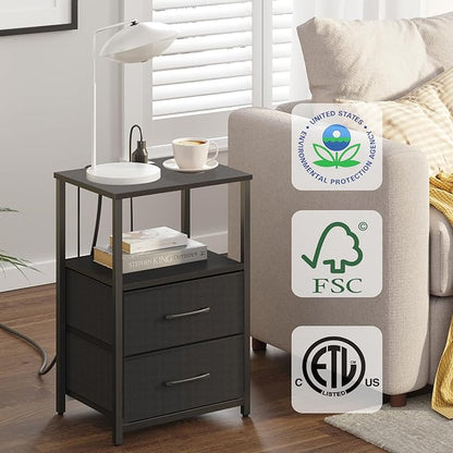 TUTOTAK End Table with Charging Station, Night Stand, Side Table with 2 USB Ports and Outlets, Nightstand with Cloth Drawer, Bedside Table for Livingroom, Bedroom Black TB01BK088