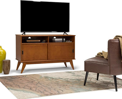 SIMPLIHOME Draper SOLID HARDWOOD 54 Inch Wide Mid Century Modern TV Media Stand in Teak Brown For TVs up to 60 Inches, For the Living Room and Entertainment Center