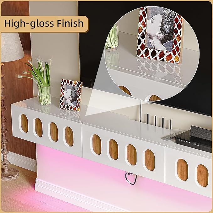 Floaticase Floating TV Stand, 70IN Fully Assembled High Gloss Wall Mounted Entertainment Center with Flip-Down Doors & Drawers, TV Console Under TV Shelf for Bedroom Livingroom