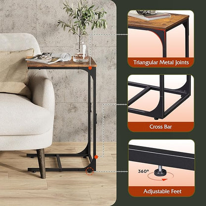 WLIVE C Shaped End Table, Small Couch Side Tables with Metal Frame That Slide Under, Sofa Table TV Tray for Living Room, Bedroom, Rustic Brown