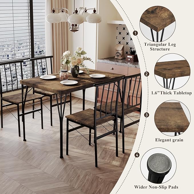 5 Piece Dining Table Set with 1.6" Thick Desktop, Modern Metal&Wood Kitchen Dinner Table with 4 Chairs, Dining Room Table Sets for Small Spaces, Brown